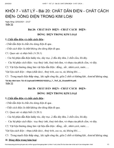 Ôn tập Vật lý 7 - Bài 20: Chất dẫn điện–Chất cách điện–Dòng điện trong kim loại