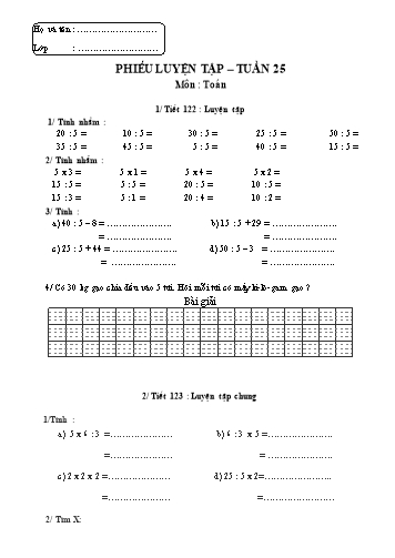 Phiếu luyện tập môn Toán Lớp 2 - Tuần 25