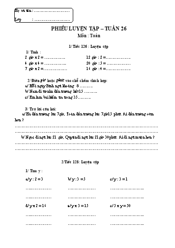 Phiếu luyện tập môn Toán Lớp 2 - Tuần 26